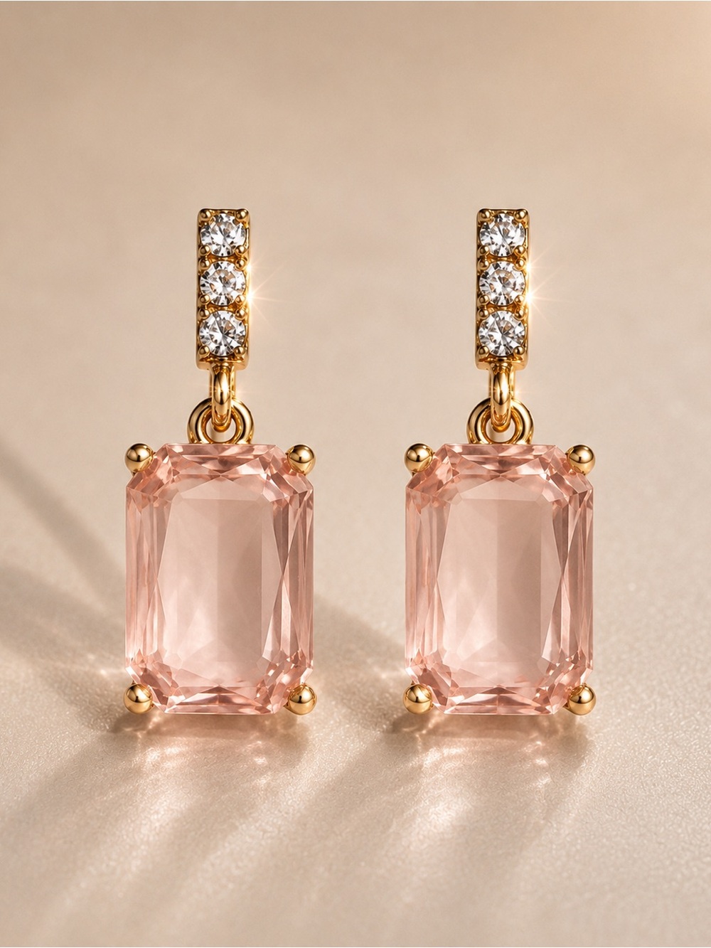 Emerald-Cut Crystal Drop Earrings – Pink